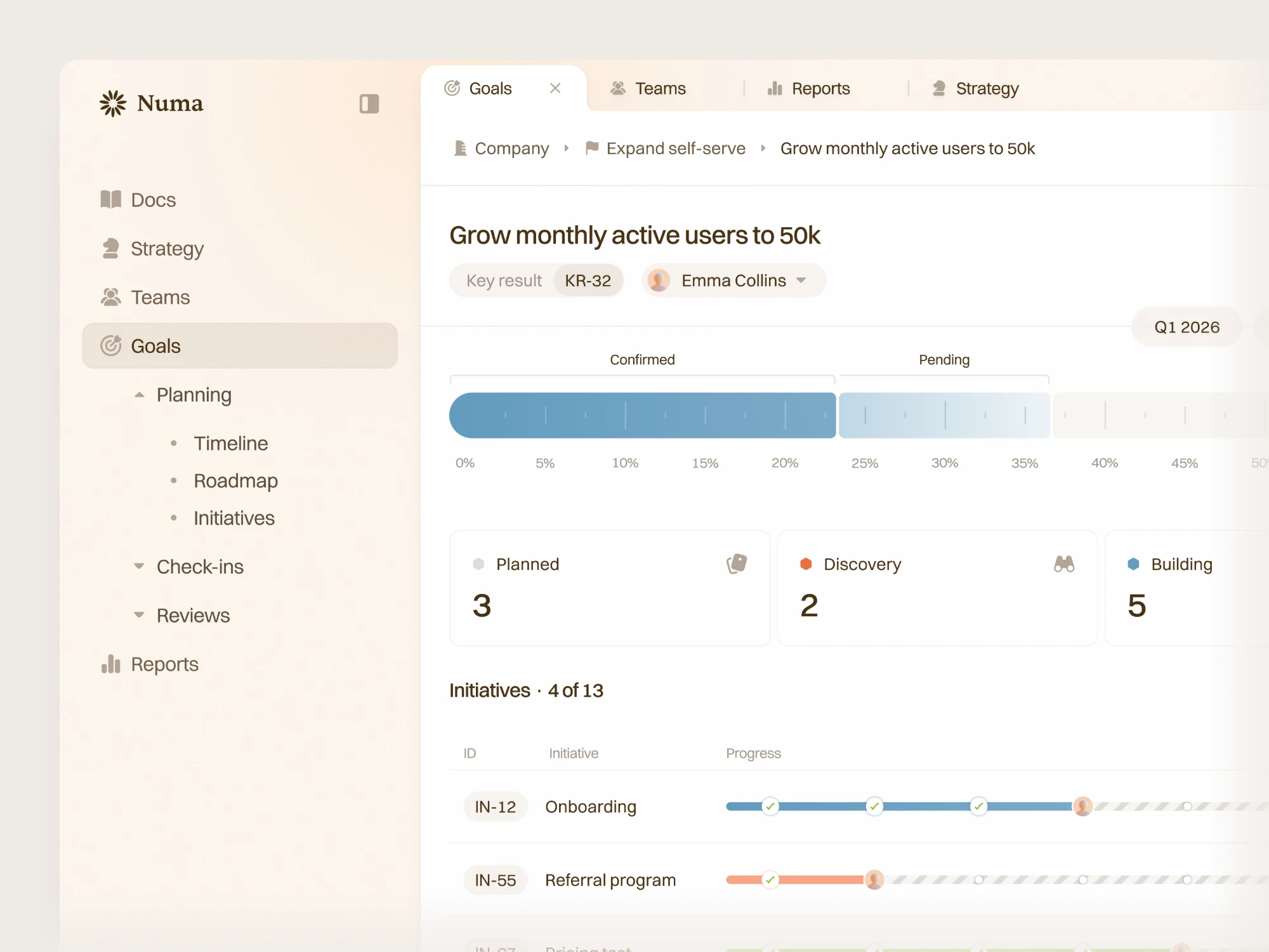 Numa, key result details: progress towards 50k monthly active users, initiative counts and initiative progress
