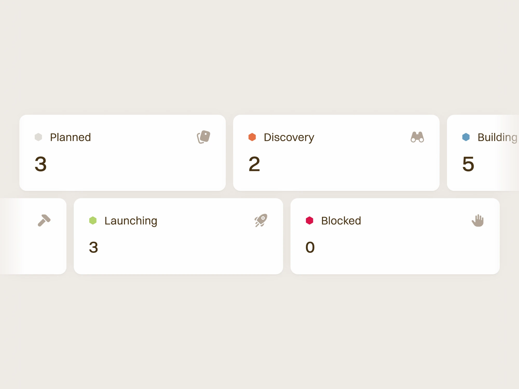 Numa, initiative status cards: planned, discovery, building, launching and blocked